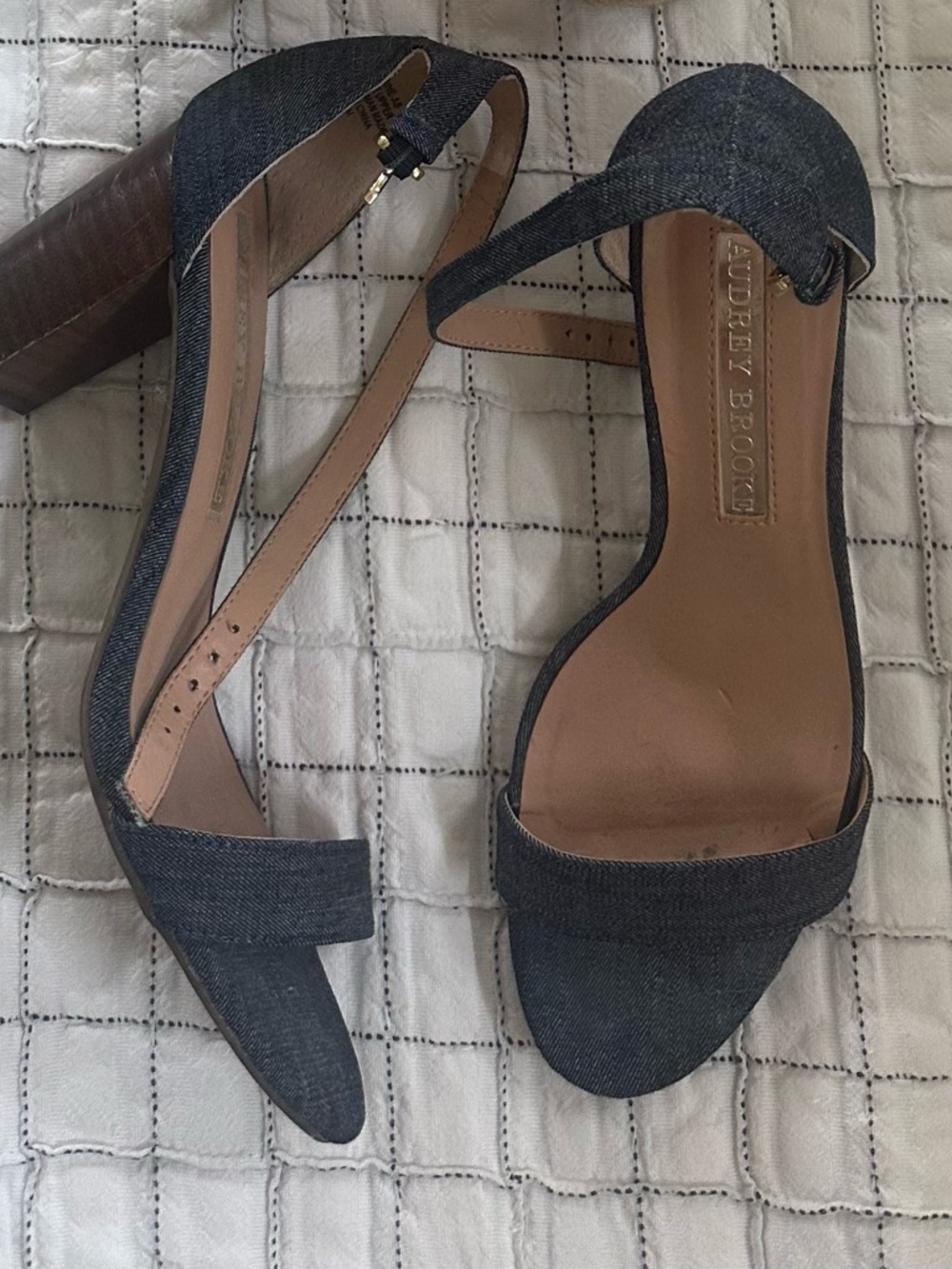 Audrey Brooke Dark Denim Open-Toe Block Heel Sandals